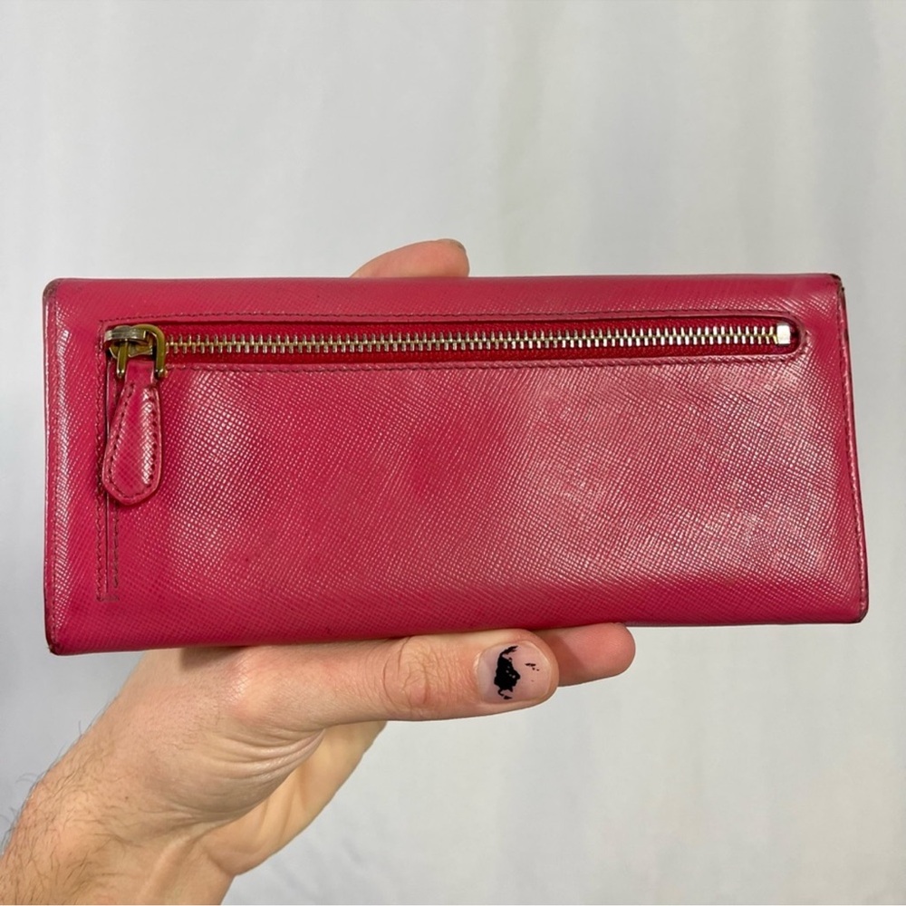 Prada | womens large hot pink saffiano leather flap snap-button closure wallet - Picture 3 of 10